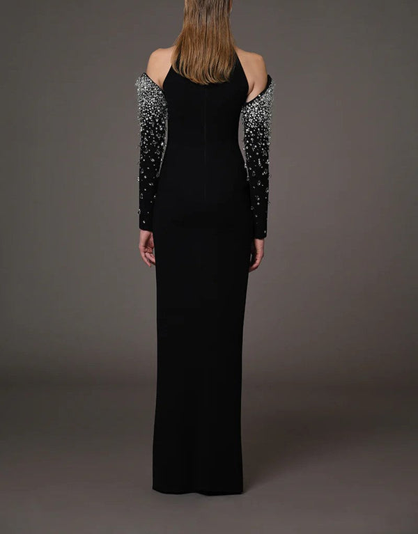 Black Crepe Dress With Crystal Embroidered Sleeves