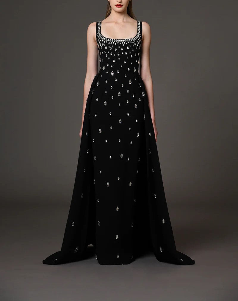 Fully Embroidered Black Dress With Overskirt.