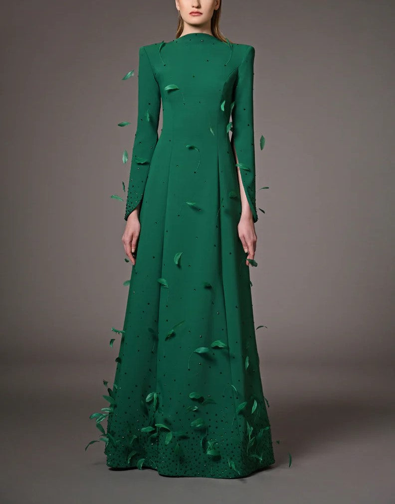 Green Dress Embroidered With Feathers And Crystals