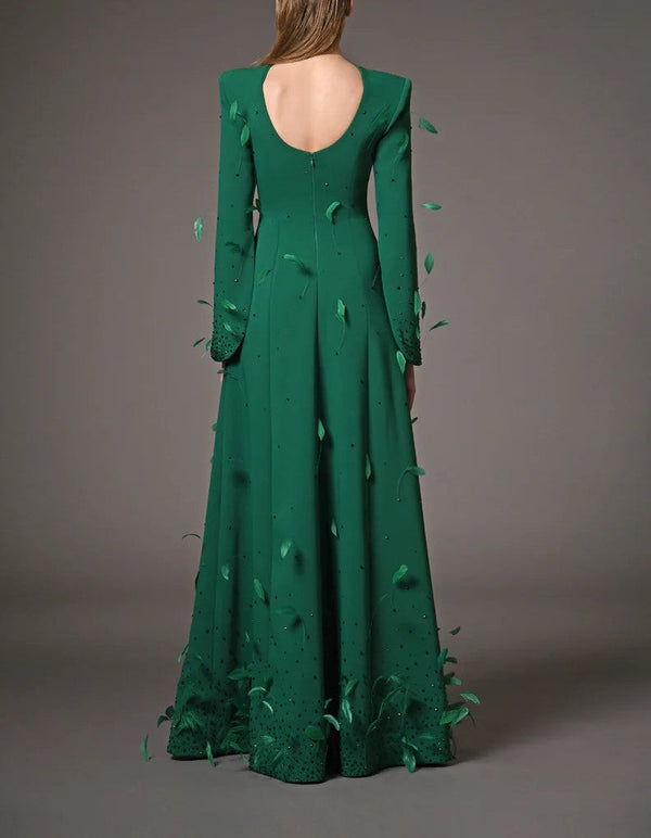 Green Dress Embroidered With Feathers And Crystals