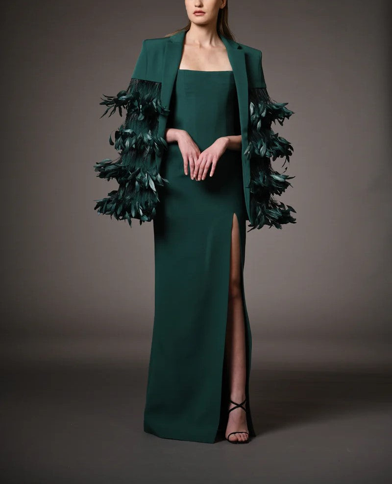 Green Blazer Cape With Feathers