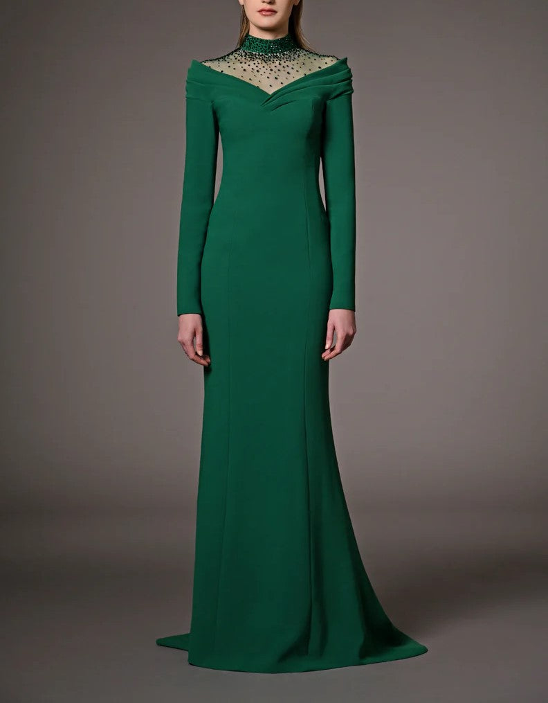 Green Mermaid Dress With Emerald Embroidery