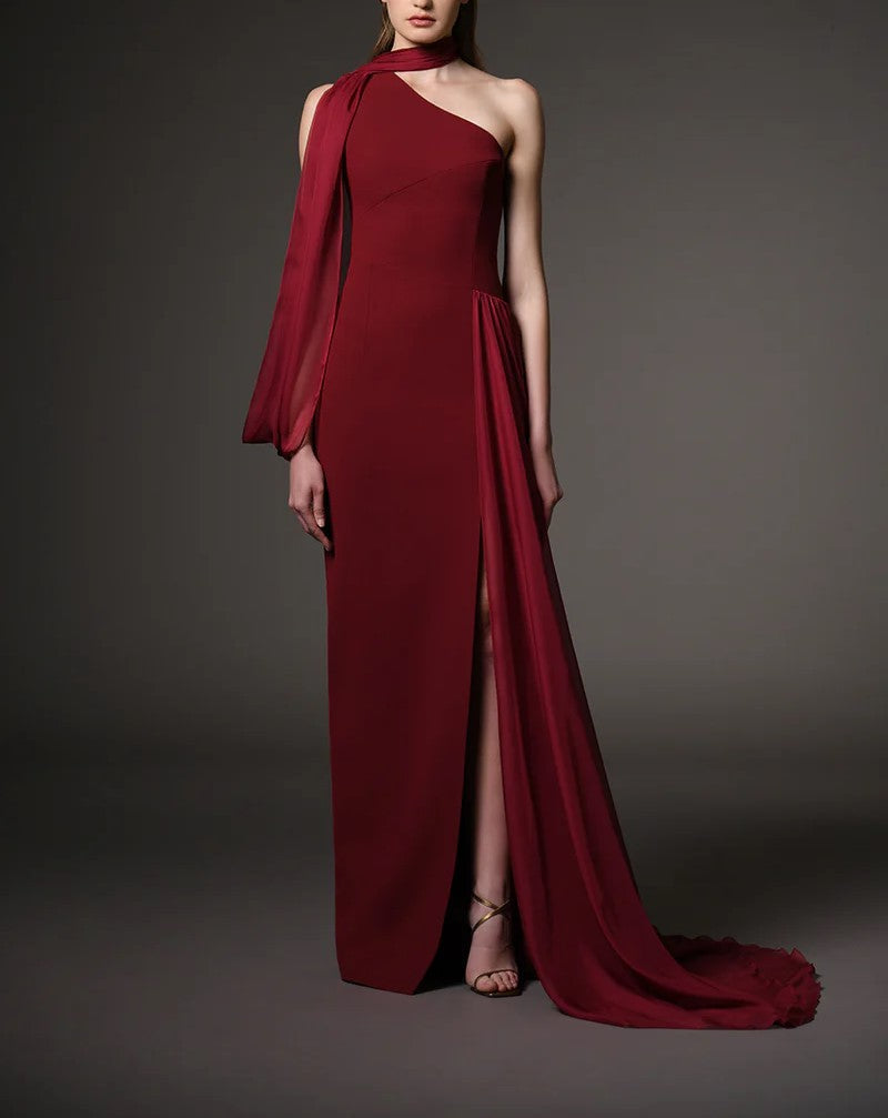 Burgundy Crepe Dress With Chiffon