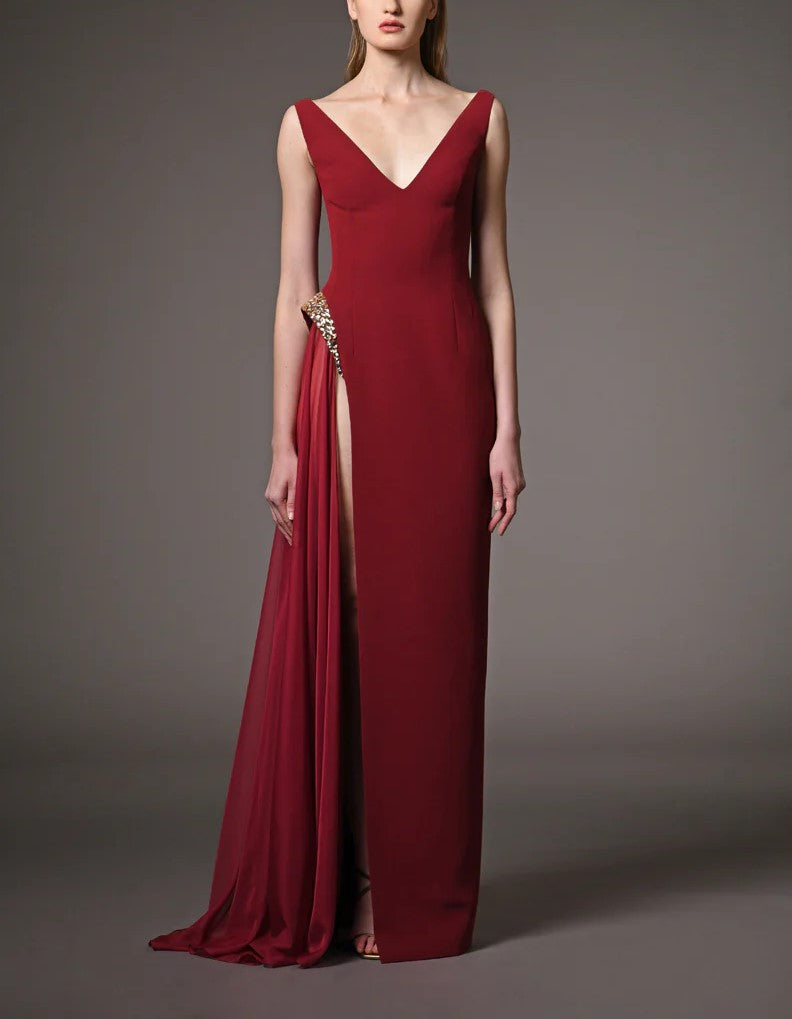 Burgundy Dress With Embroidery On The Slit