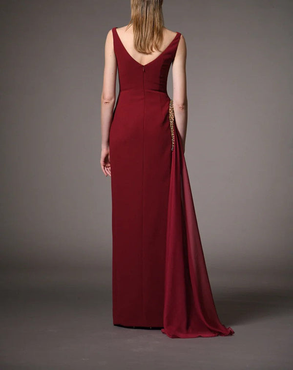 Burgundy Dress With Embroidery On The Slit