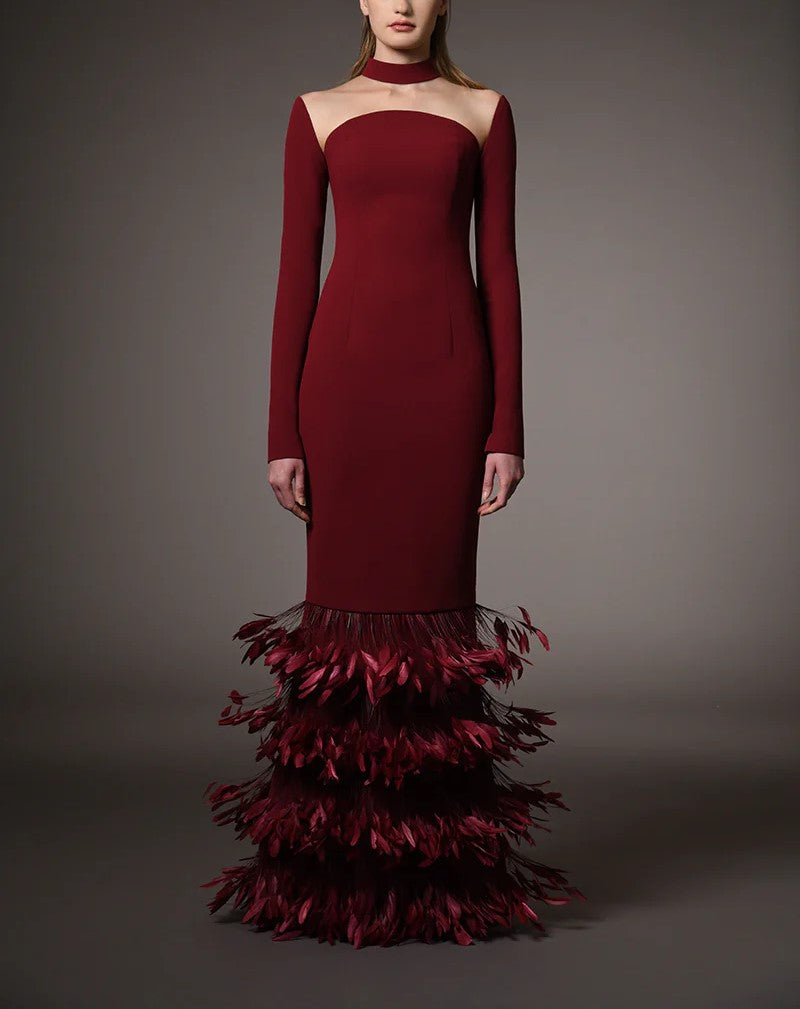 Burgundy Crepe Dress With Feathers On The Hem