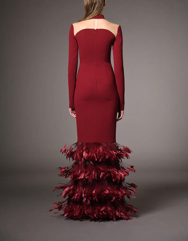 Burgundy Crepe Dress With Feathers On The Hem