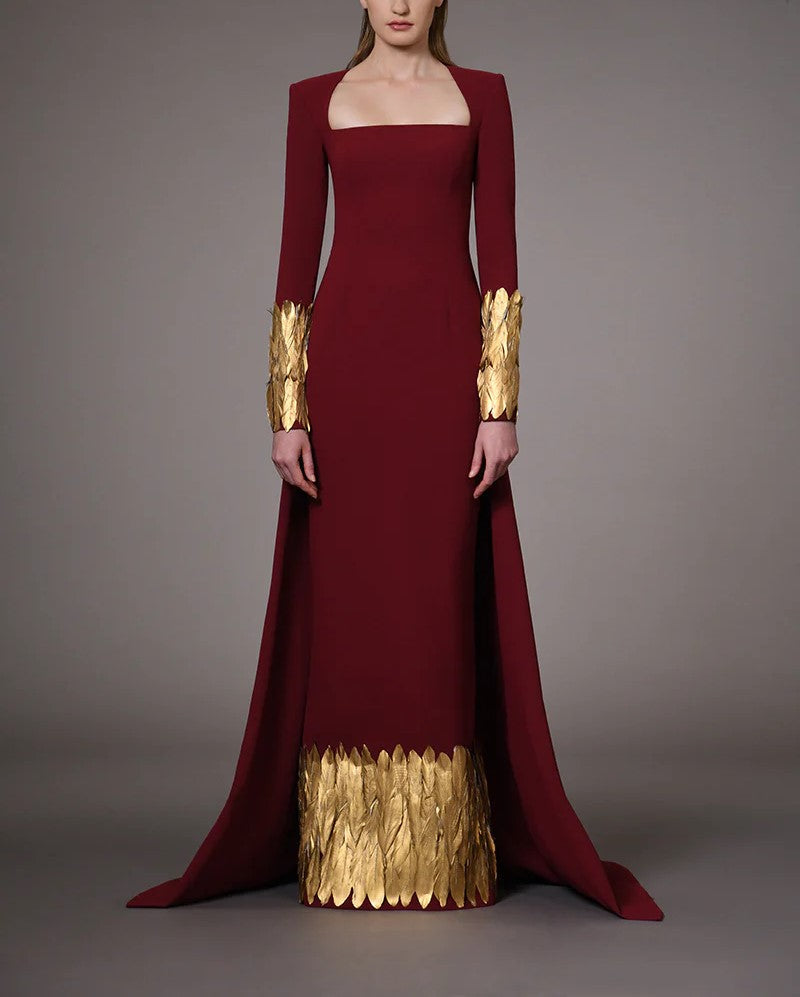 Burgundy Dress With Gold Feathers On Hem And Sleeves