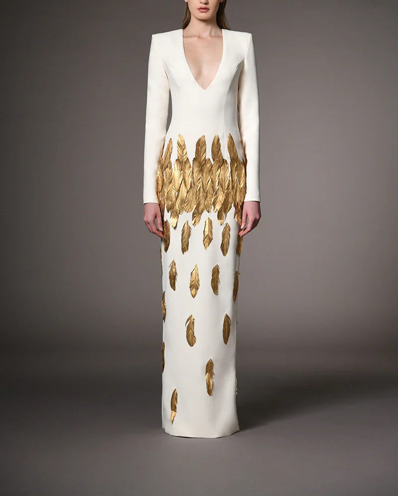 Ivory White Dress With Gold Feathers