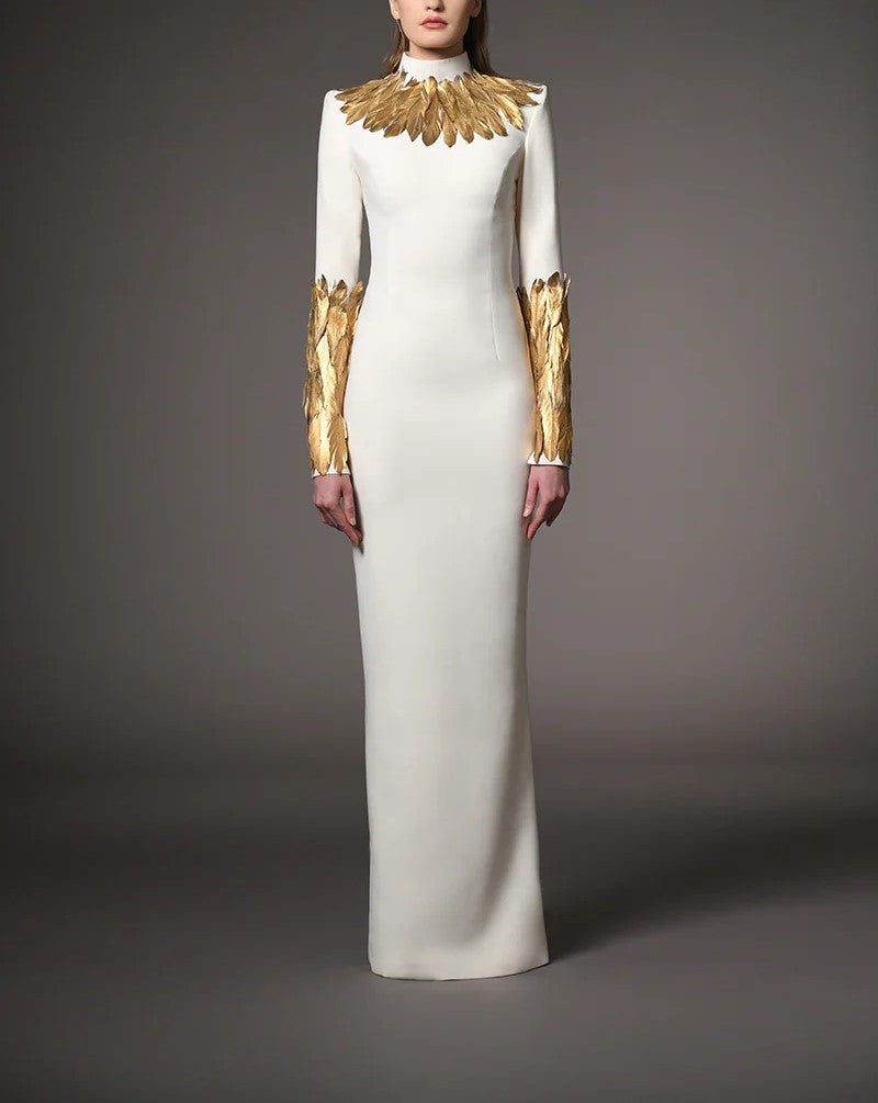 Ivory White Dress With Gold Feathers On The Neckline And Sleeves