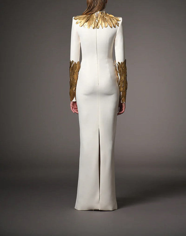 Ivory White Dress With Gold Feathers On The Neckline And Sleeves