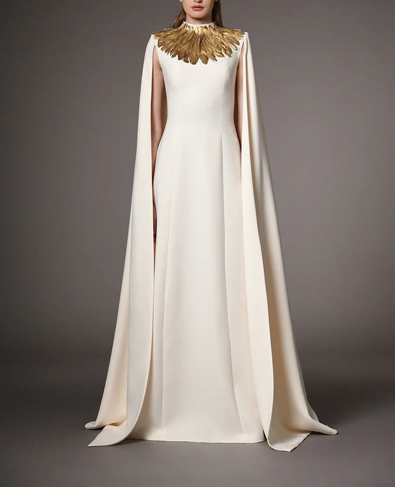 Ivory White Cape Dress With Gold Feathers