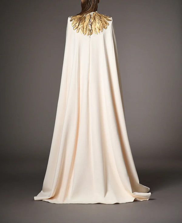 Ivory White Cape Dress With Gold Feathers