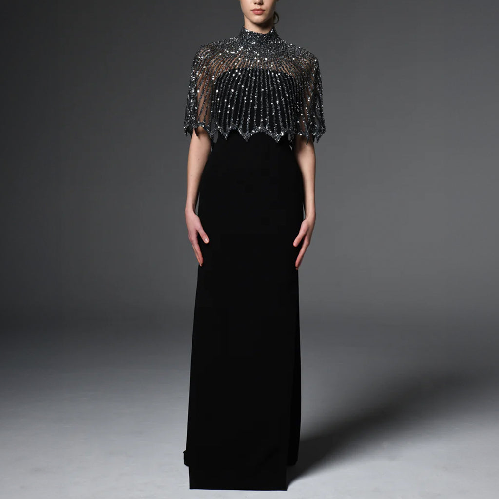 Black Crepe Dress With Embroidered Bolero