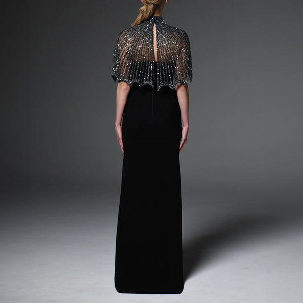 Black Crepe Dress With Embroidered Bolero