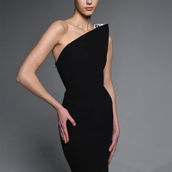 Black Asymmetric Crepe Embroidered Dress