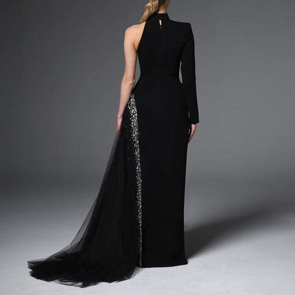 Black Asymmetric Crepe Dress With Crystal Embroidery