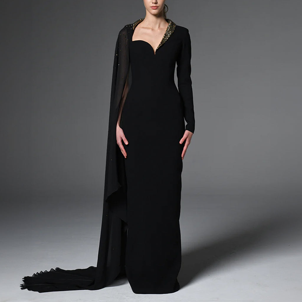 Black Asymmetric Crepe Dress With Crystals