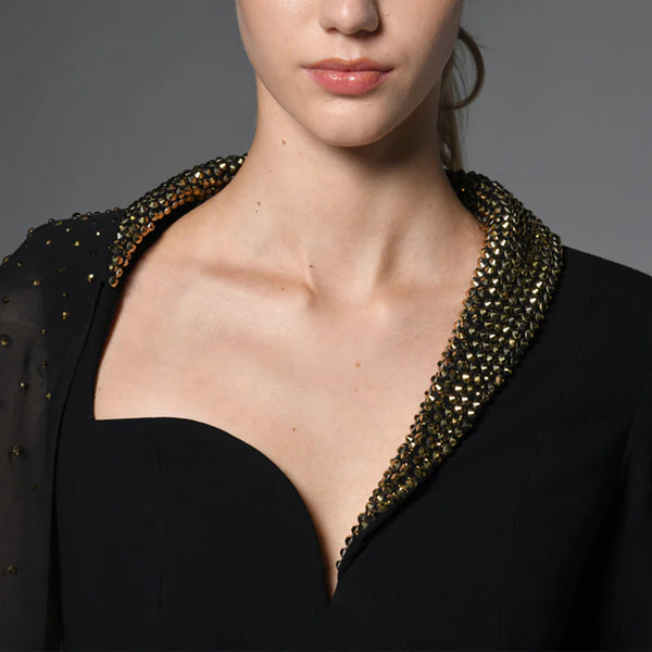 Black Asymmetric Crepe Dress With Crystals