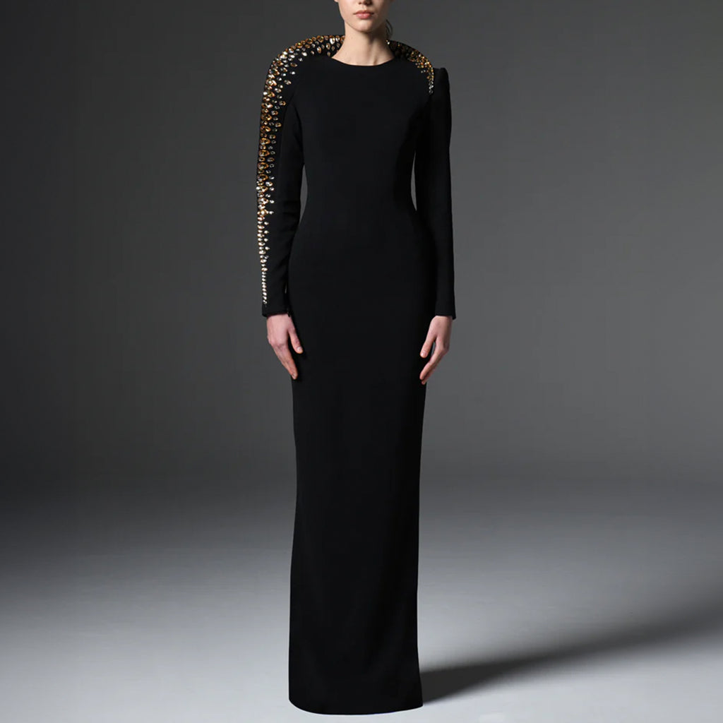 Black Crepe Dress With Embroidered Collar