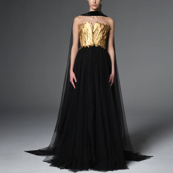 Corseted Tulle Dress Adorned With Gold Feathers