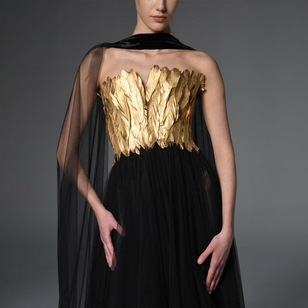 Corseted Tulle Dress Adorned With Gold Feathers