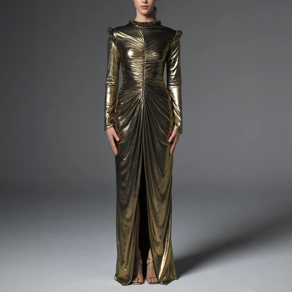 Gold Shimmery Jersey Dress With Crystal Embellishments