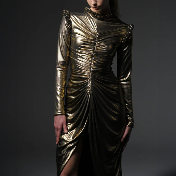 Gold Shimmery Jersey Dress With Crystal Embellishments