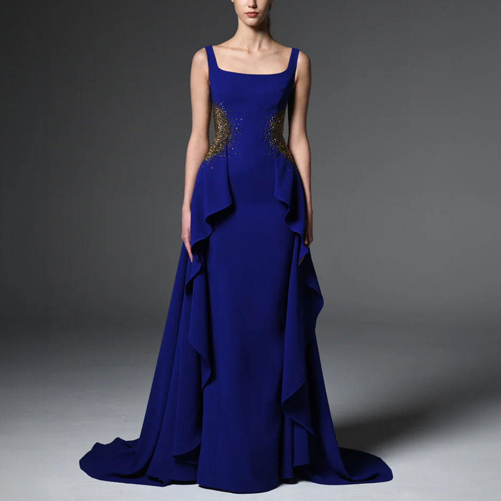 Dark Blue Crepe Dress Embroidered On The Waist