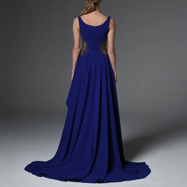 Dark Blue Crepe Dress Embroidered On The Waist