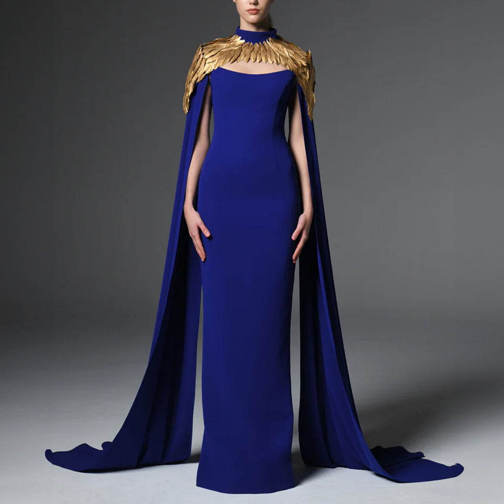 Dark Blue Crepe Dress With Gold Feathers