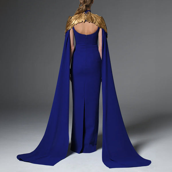 Dark Blue Crepe Dress With Gold Feathers