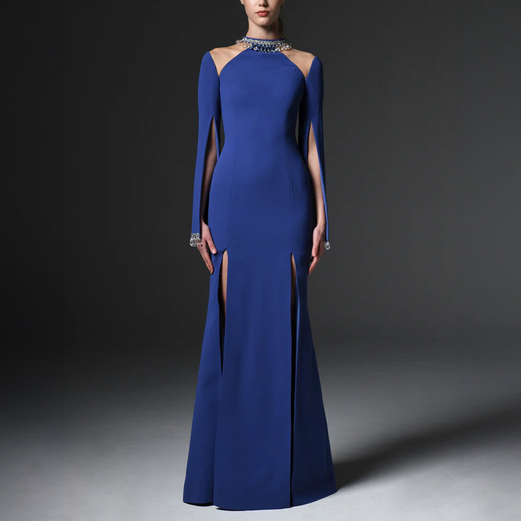 Dark Blue Crepe Dress With Embellished Crystals