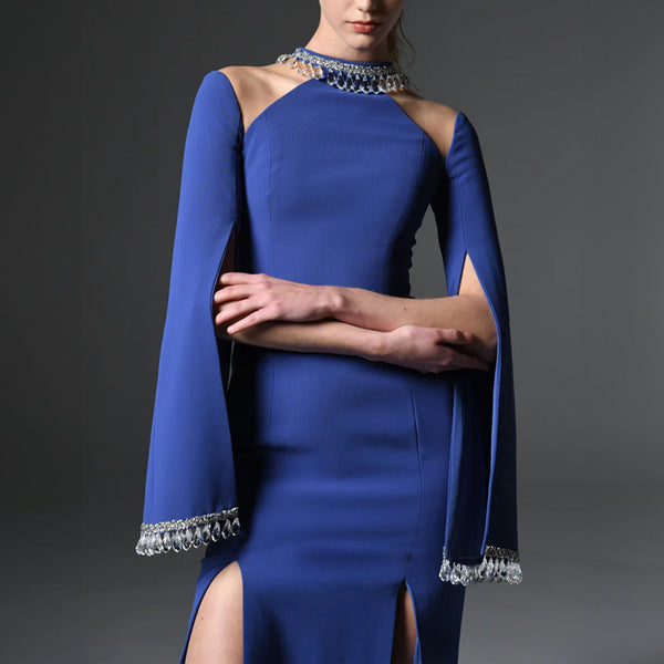 Dark Blue Crepe Dress With Embellished Crystals