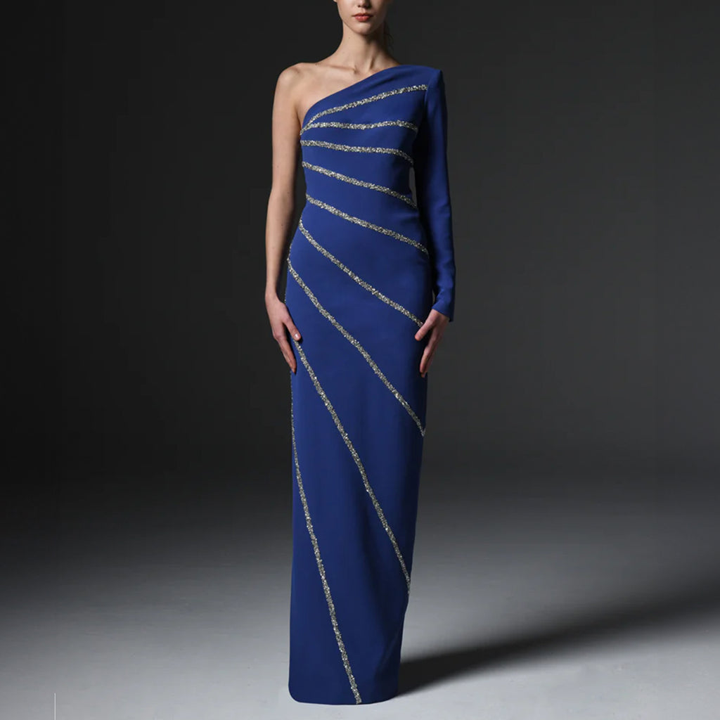 Dark Blue Crepe Asymmetric Dress With Crystals