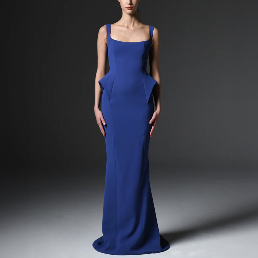 Dark Blue Crepe Dress With Detailing On The Waist