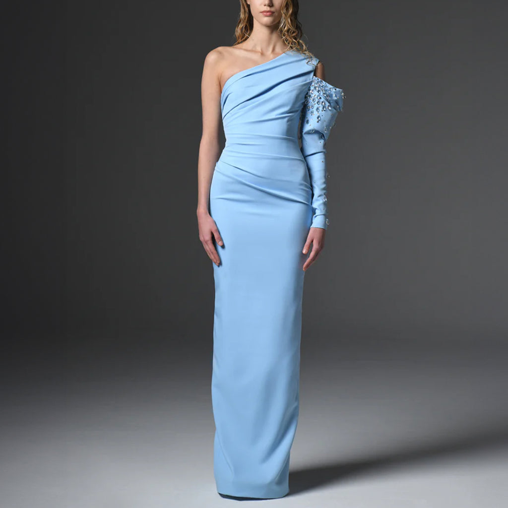 Light Blue Asymmetric Crepe Dress With Embroidered Sleeve by Jean Louis Sabaji Elilhaam