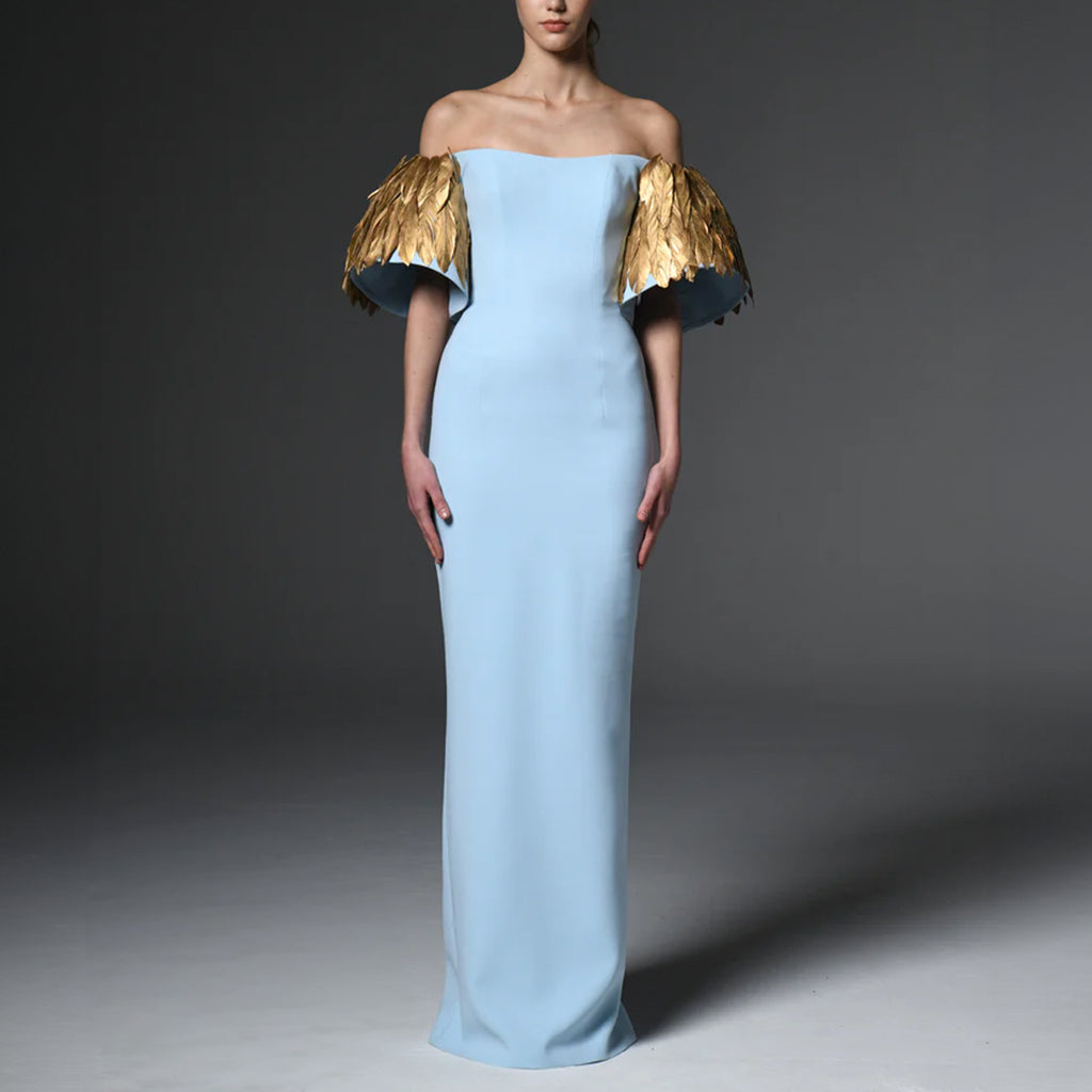 Light Blue Crepe Dress With Feathers On Sleeves