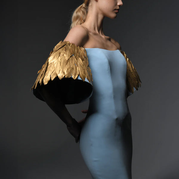 Light Blue Crepe Dress With Feathers On Sleeves