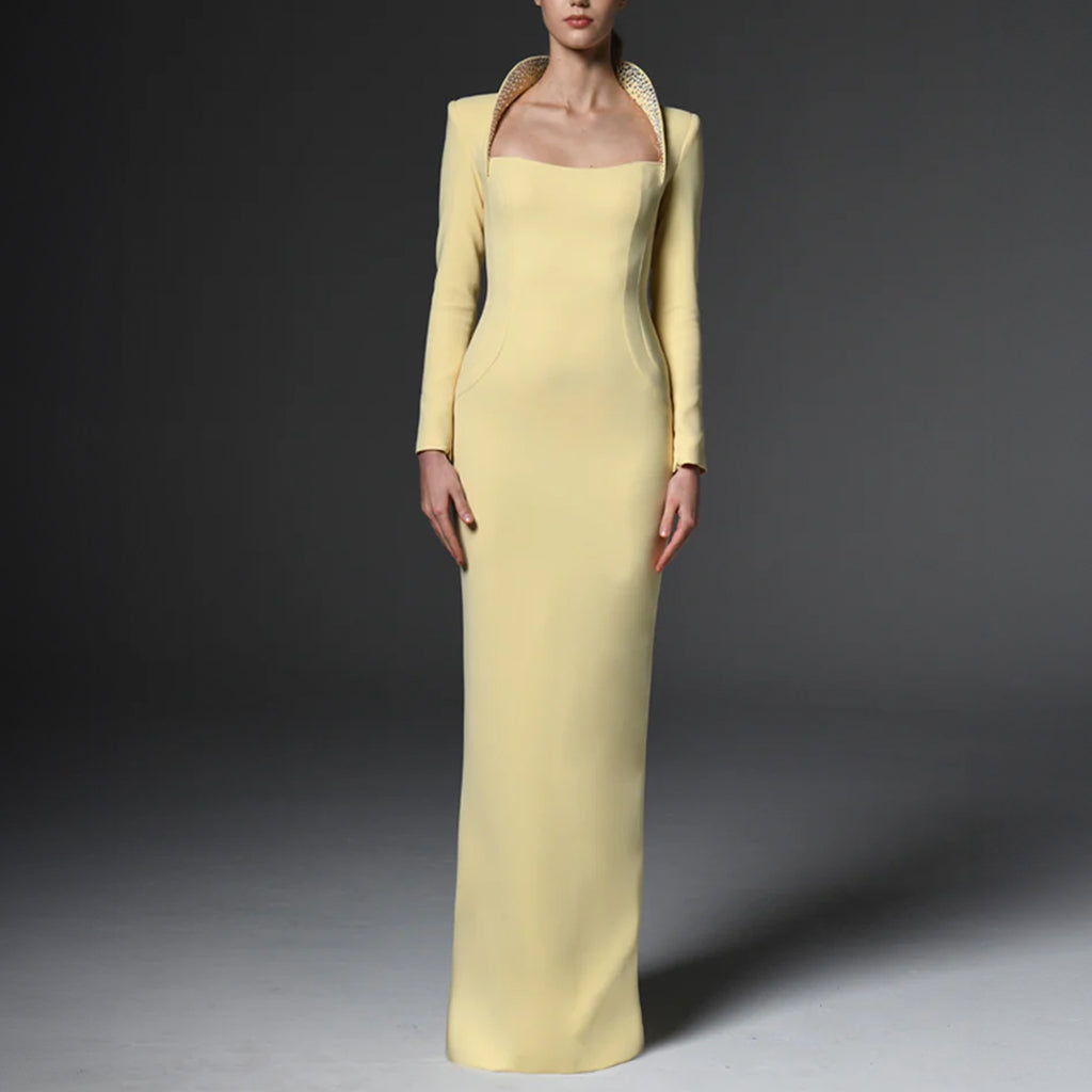 Yellow Crepe Dress With Embroidered Collar