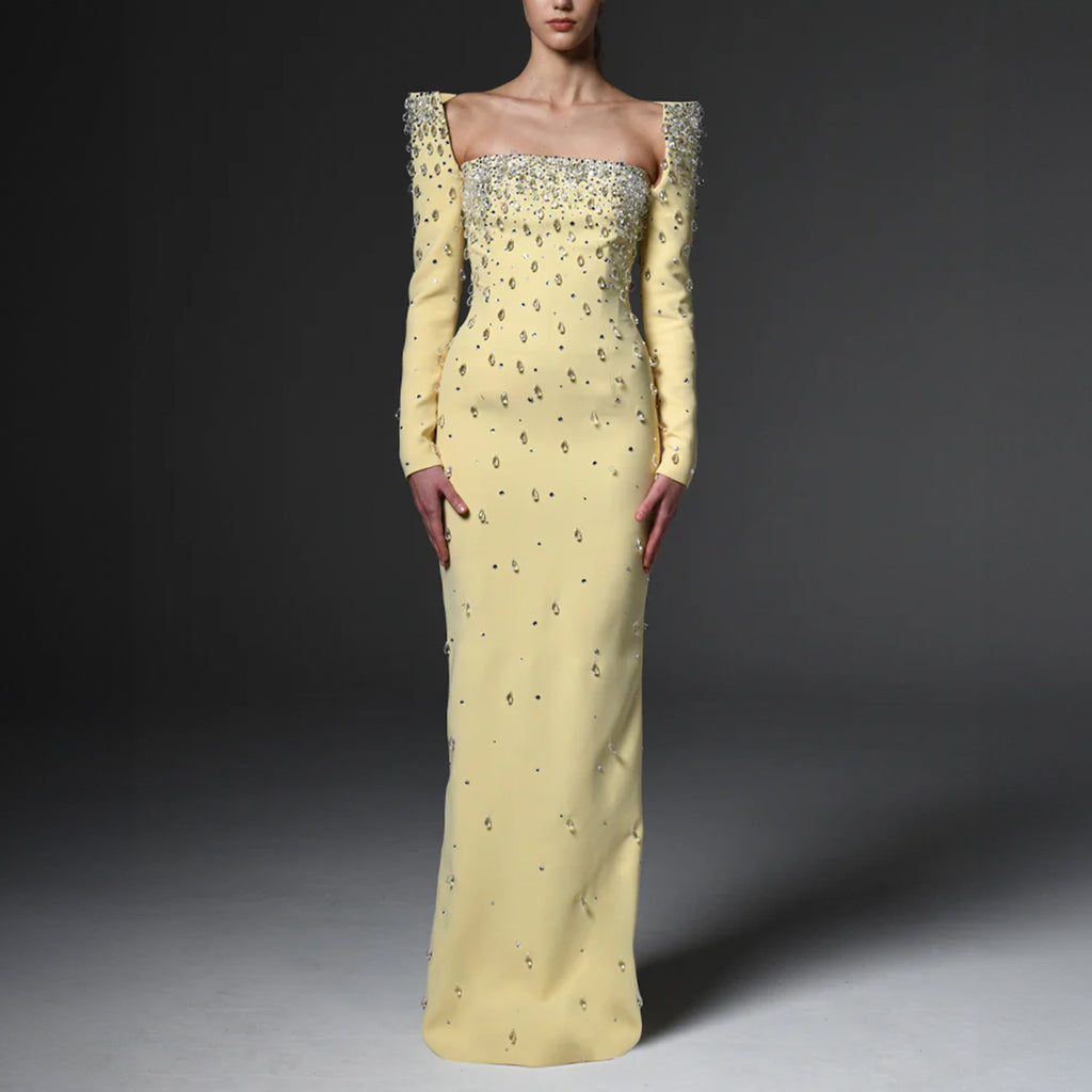 Fully Embroidered Yellow Dress With Structured Sleeves