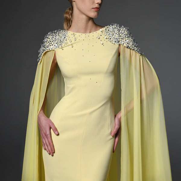 Yellow Embroidered Crepe Dress Featuring Chiffon Cape