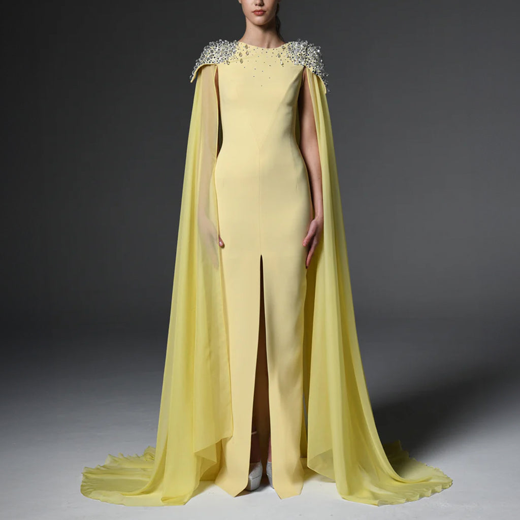 Yellow Embroidered Crepe Dress Featuring Chiffon Cape