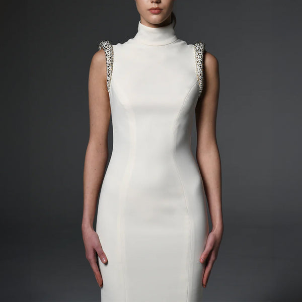 Ivory Crepe Dress With Crystal Embellishments