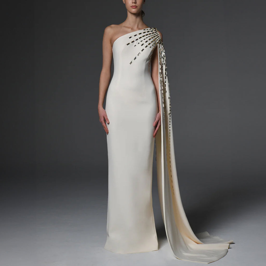 Ivory Asymmetric Crepe Dress With Embroidery