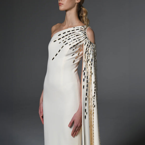 Ivory Asymmetric Crepe Dress With Embroidery