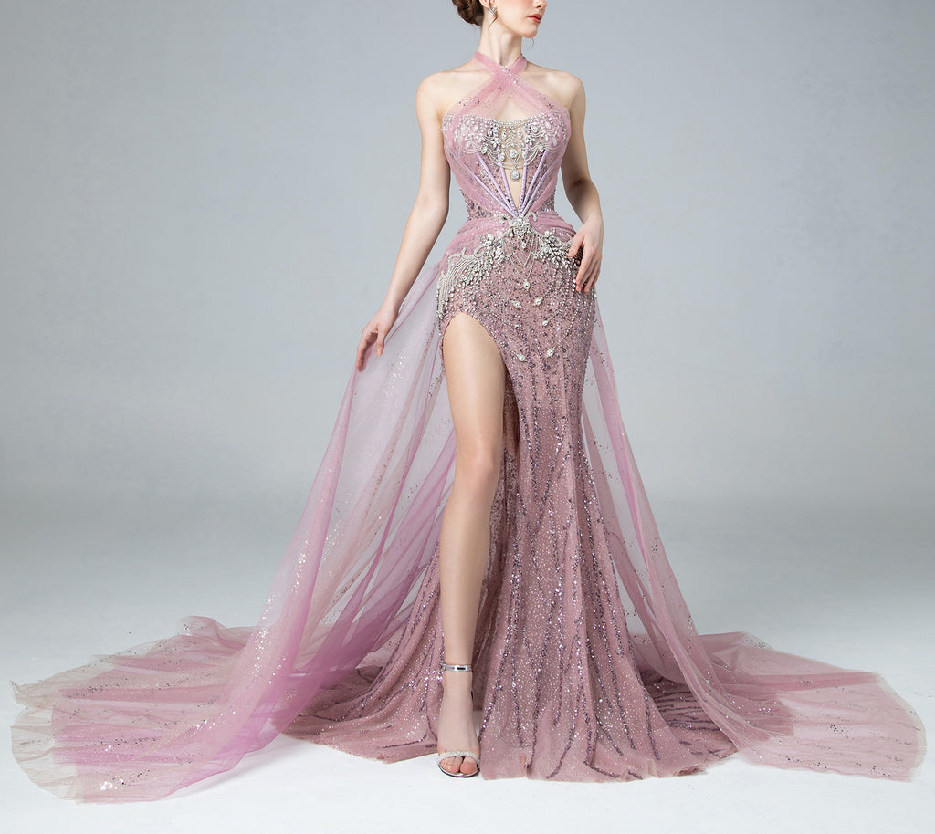 Ethereal Pink Beaded Evening Gown