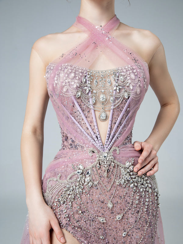 Ethereal Pink Beaded Evening Gown