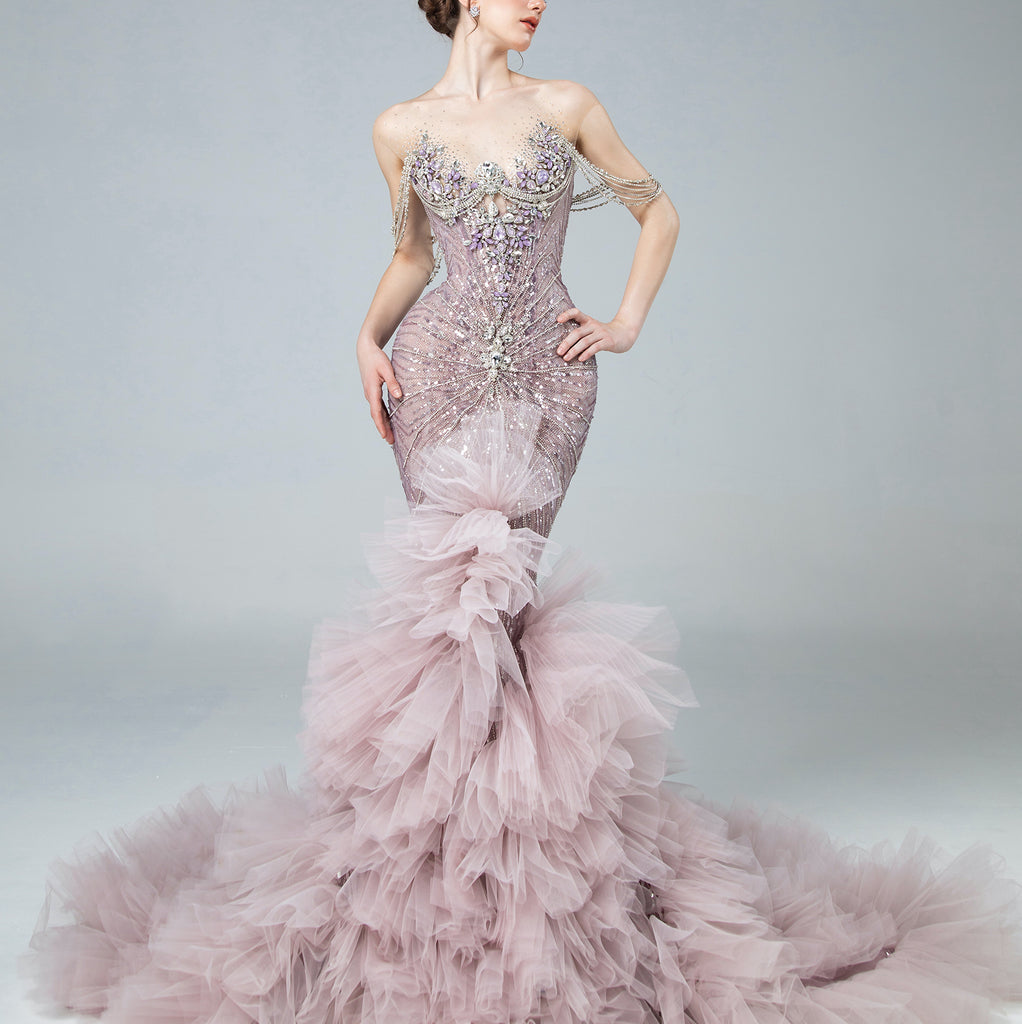 Pink Feathered Mermaid Gown