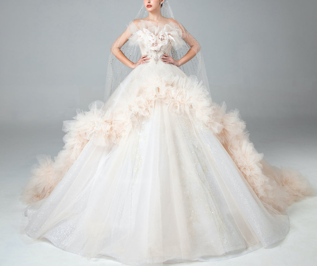 Ball Gown With Ruffled Tulle And Floral Bust Detail